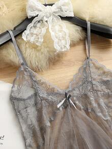 2pcs Sexy Sheer Mesh Camisole Nightgown Lingerie Set For Women - Grey - View 4