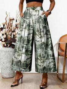 Elegant Women's Woven Fabric Straight Leg Pants, Abstract Green Print, Loose Fit Long Wide Leg Trousers, Showcasing Graceful Style And Comfortable Fashion - Dark Green - View 1