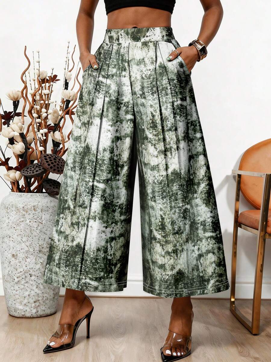 Elegant Women's Woven Fabric Straight Leg Pants, Abstract Green Print, Loose Fit Long Wide Leg Trousers, Showcasing Graceful Style And Comfortable Fashion - Dark Green - View 1