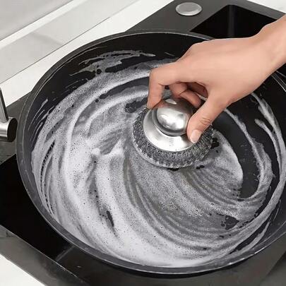 Cepillo de fregado de cocina de acero inoxidable con mango, herramienta de limpieza de ollas y platos de uso intensivo, adecuado para manchas resistentes, diseño de agarre fácil para una limpieza de cocina sin esfuerzo