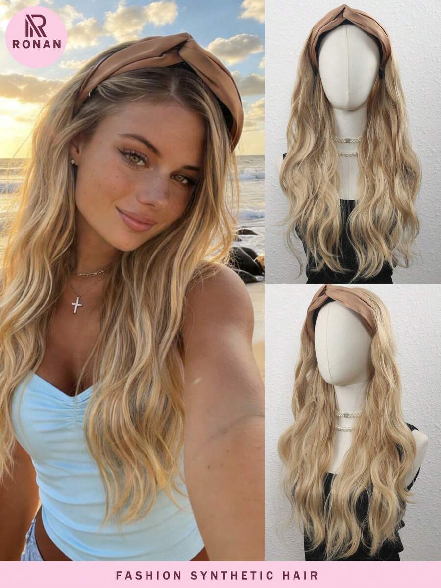 Tóc giả dài xoăn 24 inch bằng sợi tổng hợp, có băng đô tháo rời, chịu nhiệt, phù hợp cho phụ nữ.