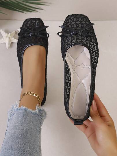Square Toe Bow Floral Lace Mesh Flat Mary Jane Ballet Flats For Women, Fashionable, Comfortable, Breathable, Easy To Wear, Suitable For Casual/Work Outfits, Soft And Elegant Slip-On Shoes