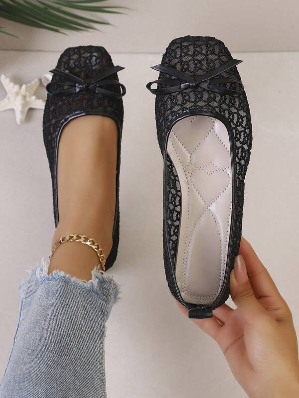 Square Toe Bow Floral Lace Mesh Flat Mary Jane Ballet Flats For Women, Fashionable, Comfortable, Breathable, Easy To Wear, Suitable For Casual/Work Outfits, Soft And Elegant Slip-On Shoes