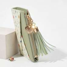New Tassel Pendant Wallet, Women's Multi-Card Slot Bifold Wallet With Flower Design, High-End PU Leather - Green - View 6