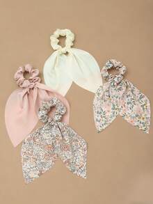 4pcs Women's Simple Solid Color & Floral Hair Scrunchies, Rabbit Ear Hair Ties, Suitable For Daily Wear In Spring And Summer Ponytail Holders Scrunchy,Holiday,Travel - Multicolor - View 1