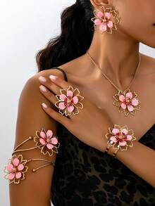 Set de 4 piezas de collar, aretes y anillo con diseño de flor hueco de metal esmaltado en estilo bohemio elegante y de moda, adecuado para uso diario y de fiesta de mujeres, diseño de flor aleatorio - Verde - Ver 7