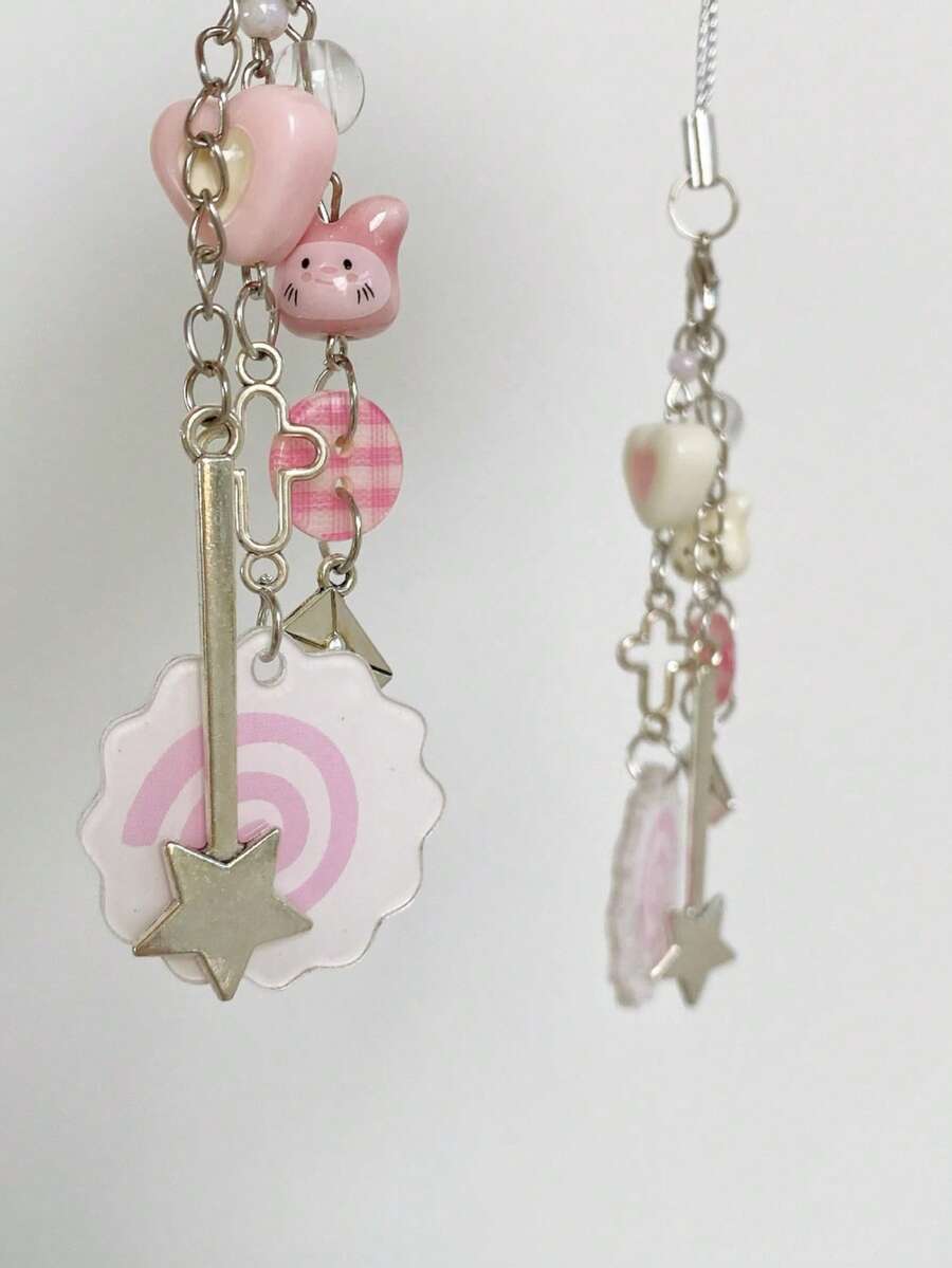 1pc Trending Pink Cat Heart Magic Wand Phone Lanyard, Cute Pendant, Versatile Sweet Girl Style Phone/Bag Charm