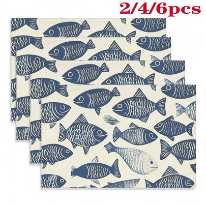 2/4/6件装可重复使用水果花卉印花亚麻餐垫，2D动植物图案餐垫，适用于餐桌、酒店、户外、旅行、婚礼、生日装饰