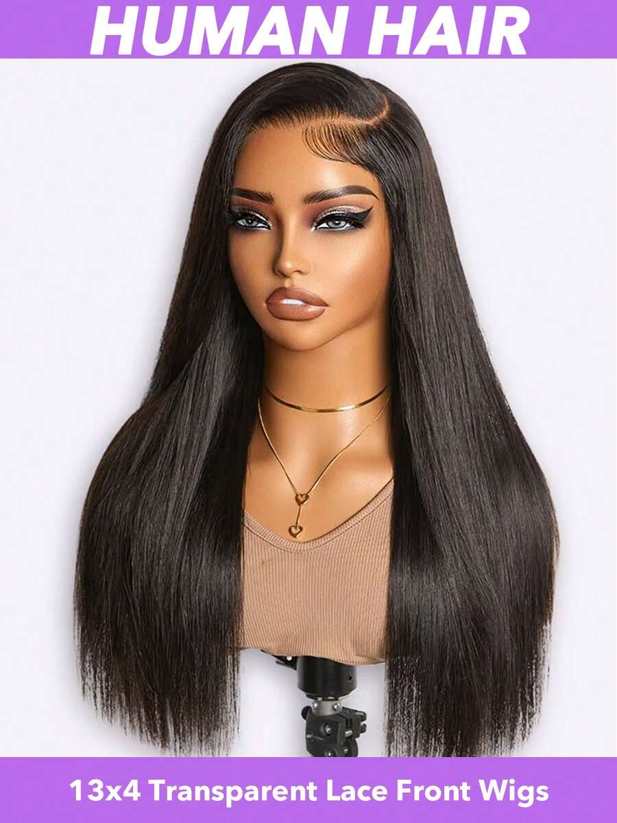 Tóc giả ren phía trước 22 inch, tóc thật, đã tỉa sẵn và có tóc con, mật độ 150, tóc thẳng, ren phía trước trong suốt 13x4, màu đen tự nhiên dành cho nữ (8-24 26 28 30 inch) - Natural Black - Xem 1