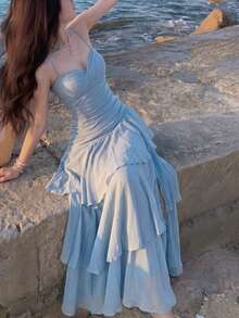 Đầm hai dây xếp ly bất đối xứng thanh lịch, thời trang đa năng, phù hợp cho phái nữ, thiết kế hai dây mảnh tối giản, thích hợp cho tiệc tùng, dạ hội, buổi tối, sinh nhật, đám cưới, tựu trường và các dịp khác, kiểu dáng trang nhã và ôm sát cơ thể, thích hợp cho mùa hè. - Màu xanh bụi bặm - Xem 5