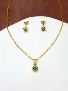 Bộ trang sức 3 món bằng thép không gỉ, bao gồm dây chuyền mặt đá CZ tròn và bông tai dáng dài, thích hợp làm quà tặng tốt nghiệp, tựu trường, Ngày Valentine, Ngày của Mẹ, sinh nhật, kỷ niệm, hẹn hò, dự tiệc và du lịch. - Nhiều màu - Xem 1