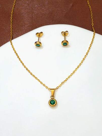 Bộ trang sức 3 món bằng thép không gỉ, bao gồm dây chuyền mặt đá CZ tròn và bông tai dáng dài, thích hợp làm quà tặng tốt nghiệp, tựu trường, Ngày Valentine, Ngày của Mẹ, sinh nhật, kỷ niệm, hẹn hò, dự tiệc và du lịch.