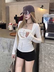 两件套性感铆钉露脐上衣和长袖紧身连衣裙套装 白色 春季 - 白色 - 查看 4