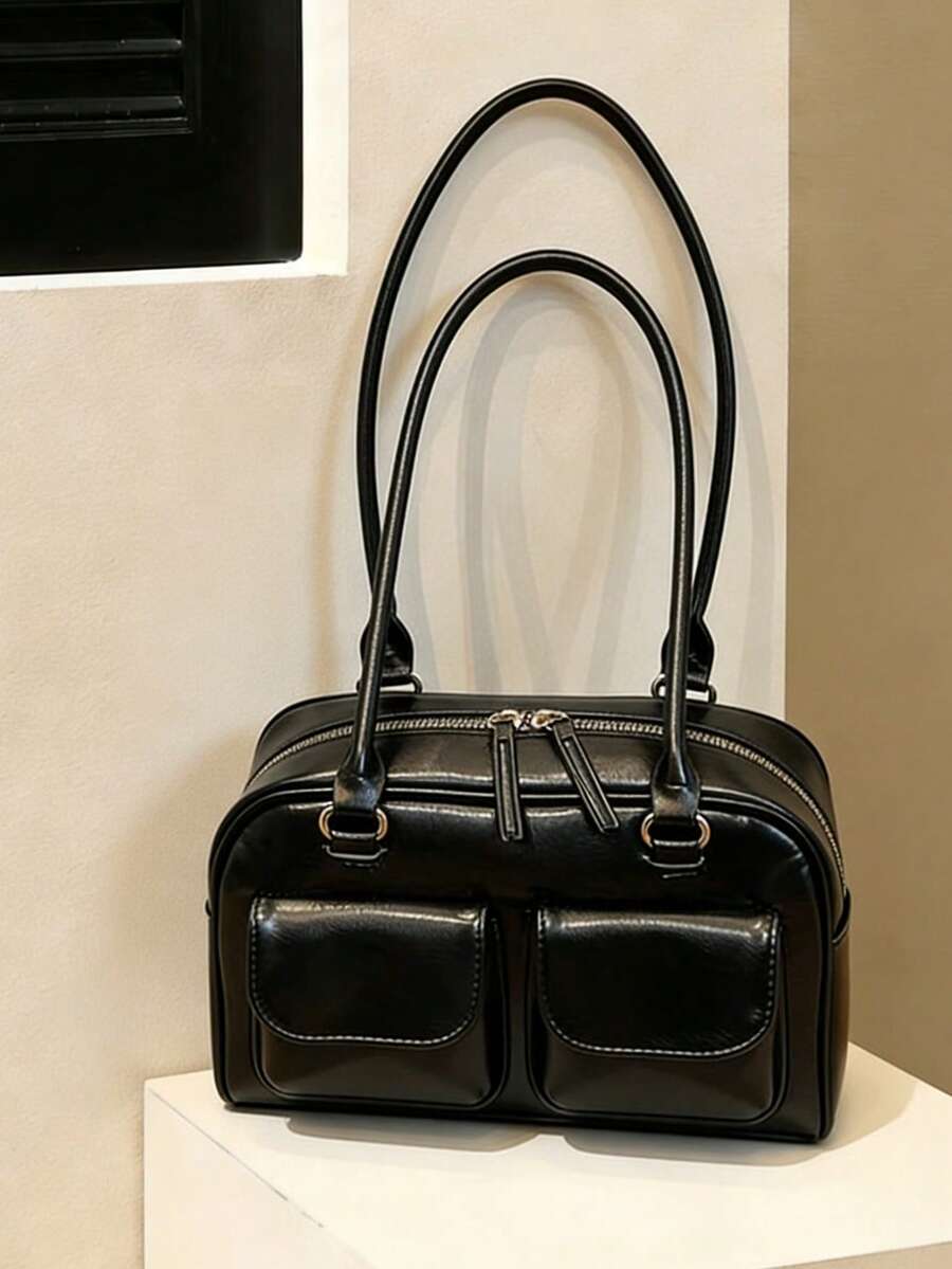 黑色时尚机车风腋下单肩包，多口袋设计，适合工作通勤、街头穿搭和日系风格，女性必备单品。 - 黑色 - 查看 1