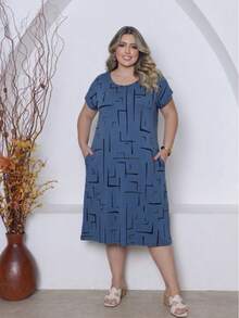 Plus Size Printed Midi Knit Dress - 藍色牛仔褲 - 查看 1