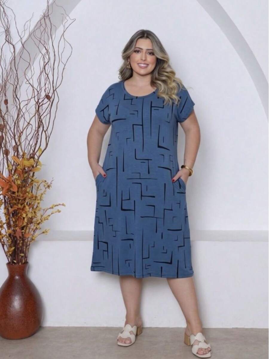 Plus Size Printed Midi Knit Dress - 藍色牛仔褲 - 查看 1