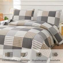 Plaid Quilt Set Queen Size Lightweight Bedspread Set Grey Brown White Patchwork Quilts Reversible Coverlet with 2 Pillow Shams Soft Microfibers for All Season - Cuadros grises y marrones - Ver 6