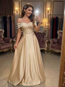 YUMIBRAVO Váy cưới satin màu trơn, trễ vai, thắt nơ. - Rượu sâm banh - Xem 8