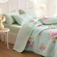 - Shabby Chic Quilt Set Floral Coquette Cottagecore Farmhouse Vintage Flowers for Women Teen Girls Reversible Lightweight Bedspread Coverlet 3 Pieces Green Queen/Full Size - Verde - Ver 6