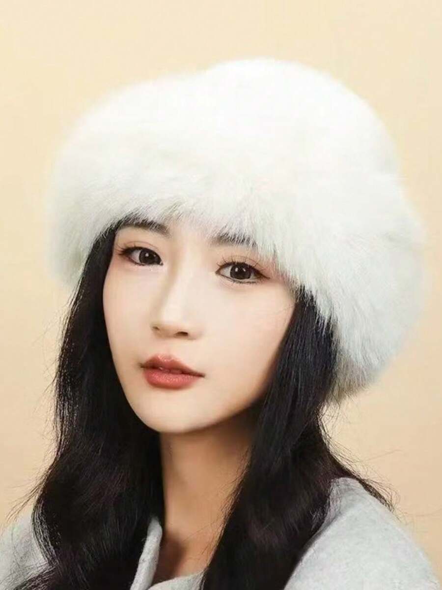 1 Piece New Release Women's Winter Furry Hat, Thick Solid Color Wool Cap, Mongolian European Fashion Autumn - 白色 - 查看 1