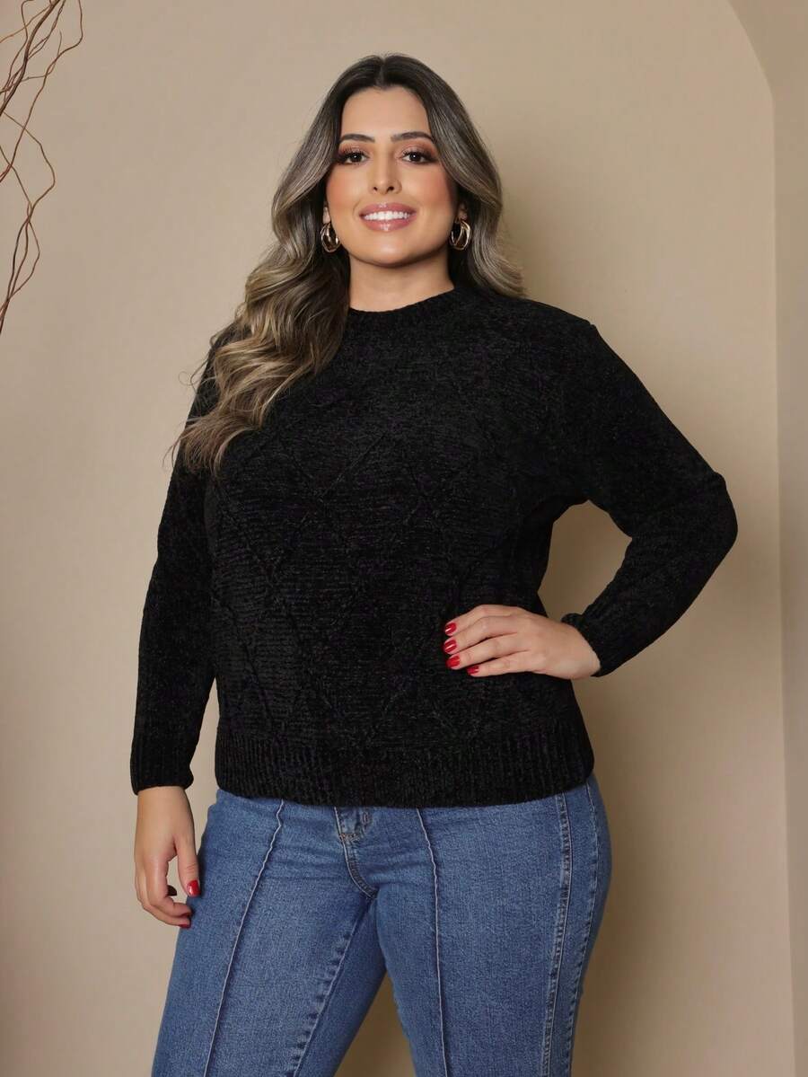 Plus Size Women's Knitted Sweater Long Sleeve Round Neck Casual Reverse FL-Sd2064 - 黑色 - 查看 1