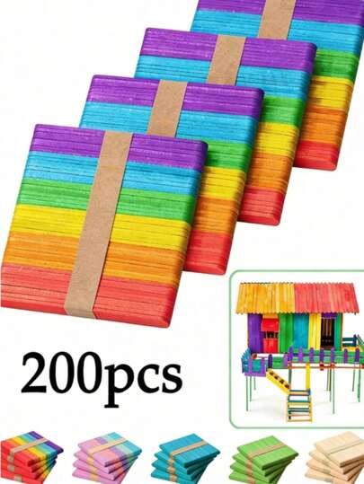 200Pcs 4.5 Inch Colored Wooden Craft Sticks, Rainbow Wooden Dowel Sticks, DIY Craft Supplies For Model Building, Home Decor, Kids Handmade Projects