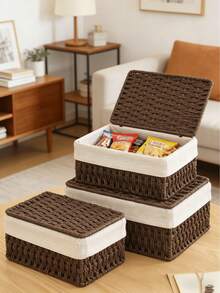 3pcs/1pc Hand-Woven Storage Basket, Wicker Display Basket, Suitable For Cosmetics, Keys, Snacks, Fruit, Living Room, Entryway, Bedroom, Kitchen, Cabinet, Room Decor, Wedding Gift Basket, Easter Basket, Autumn Decor, Back To School And Holiday Gifts - Brown - View 3