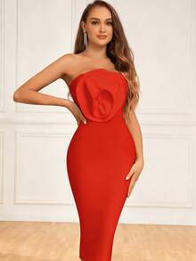 Red 3D Floral Front Slit Strapless Zipper Back Slit Midi Bodycon Bandage Dress - Red - View 1