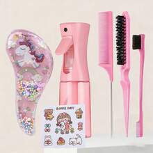 6 件套 - 芒果形喷雾瓶梳子套装，包括一把蓬松梳、一把尖尾梳、一把边缘梳、一把芒果形梳子和一张卡通贴纸，用于抚平毛躁的头发并进行造型。 - 彩色 - 查看 9
