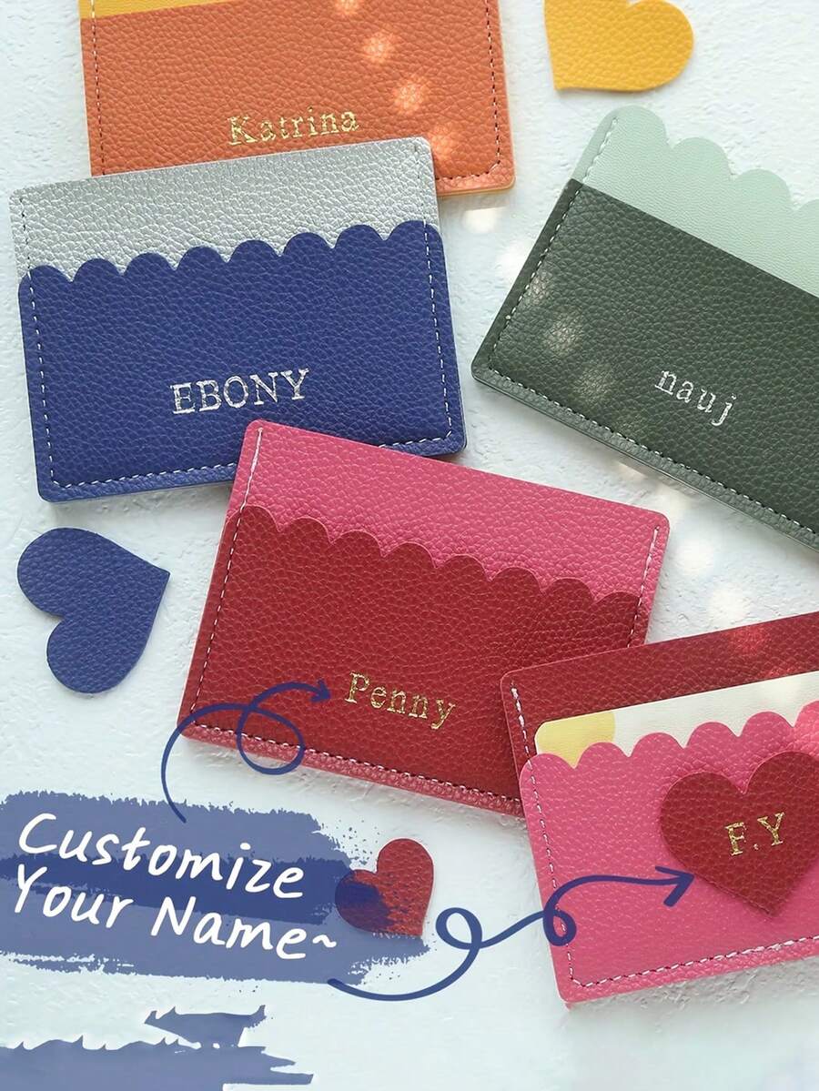 1pc Custom Name Duotone Scallop Card Case Customized Initals Credit Card Holder, Custom Engraved Credit Card Holder With Golden Lettering, Personalized Pu Leather Credit Card Holder Wallet ,With A Fun Scalloped Shape Personalized Golden Monogram Slim Id Card Wallet With 3 Slots Synthetic Leather Slim Front Pocket Wallet - Multicolor - View 1