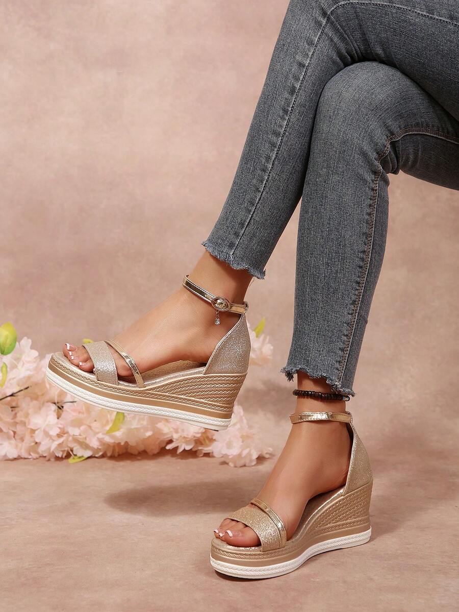 New Fashionable Solid Color Sexy Bohemian Platform Wedge Sandals For Women - Gold - View 1