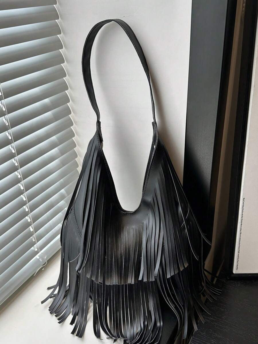 2025 New Casual Retro Large Capacity Suede Fringe Commuter Handbag, Versatile Underarm Shoulder Bucket Bag For Women - Black - View 1