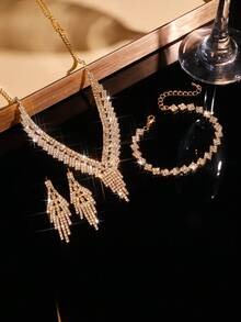 Bộ trang sức tối giản thời trang 3 món, gồm vòng cổ tua rua, bông tai và vòng tay, thích hợp cho váy dạ hội, đám cưới và các bữa tiệc của phụ nữ. - Vàng - Xem 2