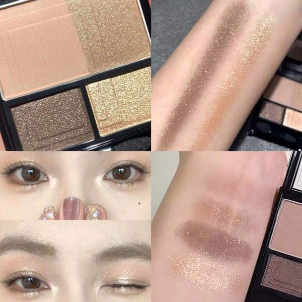 Paleta de sombras de ojos de 4 colores FAICCIA, con tonos mate y perlados. Textura de brillo fino, tonos naturales y terrosos, de larga duración y fácil de mezclar para looks diarios.