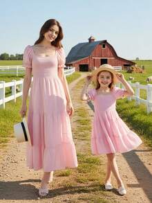 Bohemia Women's Off Shoulder Maxi Dress  Ruffle Dress - Matching Family Outfits - Yellow Smocked Tiered Dresses For Summer - Pink - View 8