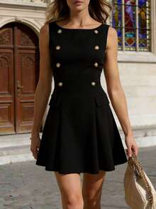 Latest Summer Sleeveless Black Casual Vacation & Commute Fashion Double-Breasted Button Decor Dress For Women, Elegant Business Style Date Dress - Black - View 9