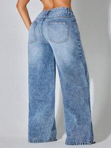 Low-Waist Wide-Leg Casual Blue Jeans With Slant Pockets, Summer Clothing Spring - 深色洗 - 查看 3