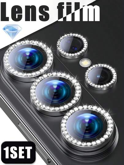 1pc - Galaxy S26 Ultra/S25/S25 Plus/S25 Edge/S24 Ultra/S24/S24 Plus/S23/A55/A54 Camera Lens Tempered Glass Protector - Ultra-Thin Phone Case, 9H Anti-Explosion Tempered Glass, Aluminum Alloy Round Camera Screen Protector Accessories, Black Diamond Design