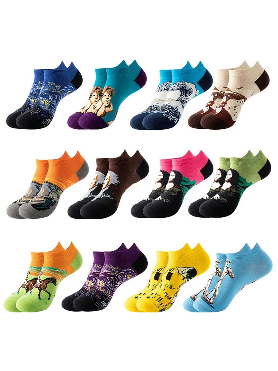 1/5/10 paires de chaussettes invisibles pour femmes de style européen et américain nouveau, style de dessin animé pour le printemps/été. Chaussettes courtes rétro personnalisées pour hommes - Multicolore - Voir 1