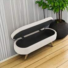 Banca Ovalada de Almacenamiento 43.5" de Alfombra de Lino Acolchada con Patas de Madera Sólida para Sala de Estar/Cama/Entrada Beige - Cian - Ver 6