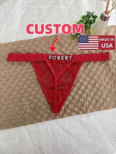 Customized Name Crystal Letter Thong, Personalized Sexy Lace Women's Bikini Panties Tanga With Name, Customized Name Underwear Triangle Panty T-Back, Gift For Girlfriend, Wife, Valentine's Day, Christmas, Halloween, Thanksgiving, Birthday, Anniversary,Chic Autumn,Urban Gala