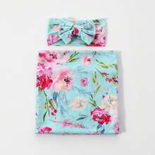 Receiving Blanket Headband Set Flower Print Baby Swaddle Blankets - Baby Blue - View 3