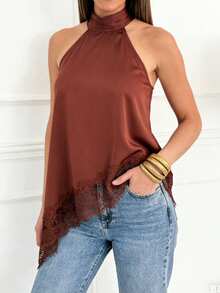 Women's Sleeveless High Collar Lace Trim Asymmetric Satin Camisole Top, Elegant For Evening Party, Spring/Summer Vacation, Special Occasions - Rust Brown - View 2