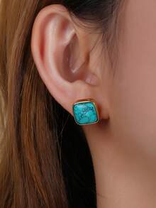 1Pair Elegant Jewelry 10MM Square Synthetic Turquoise Stone Claw Setting Stud Earrings For Women Gifts Daily Wedding - Mint Blue - View 4
