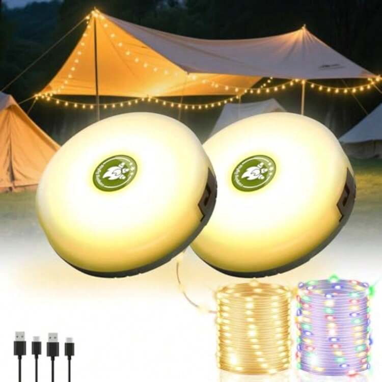2Pack Camping String Lights 4-in-1 Quick Storage Camp Light 8Mode 32.8FT Hanging Tent Lights Rechargeable Camp Lamp As Camping Essentials Gear Waterproof LED Lantern for Hiking Travel Patio Party - Blanco - Añade 9
