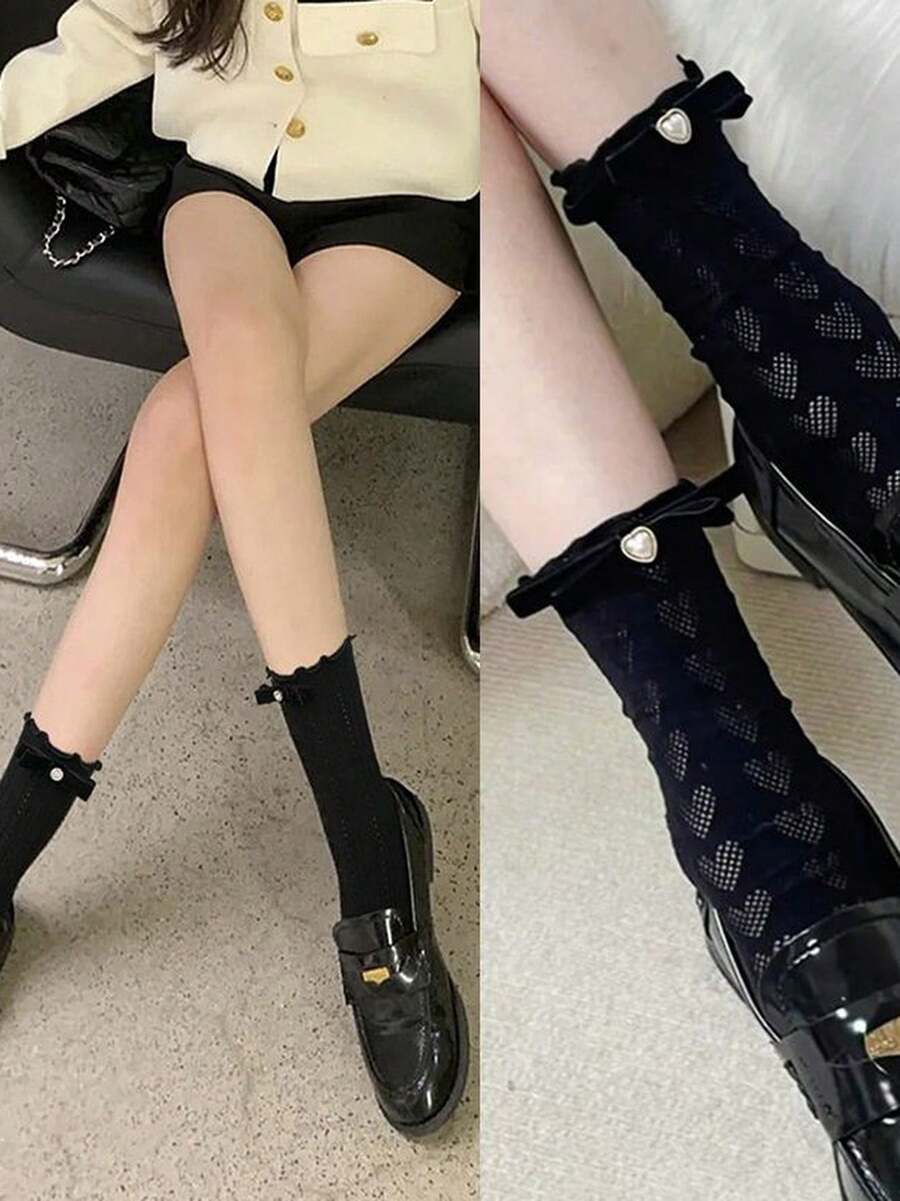 Japanese-Style JK Velvet Bow Lace Trim Mid-Calf Socks Lolita Cream White Calf Socks Mary Jane Women's Thin Style - 彩色 - 查看 1
