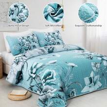 Blue Floral Quilt Set Queen 3 Pieces Boho Flower Quilt Coverlet Set Soft Microfiber Lightweight Floral Quilted Bedspread with 2 Pillow Shams for All Season 90"x96" - Agua - Ver 3