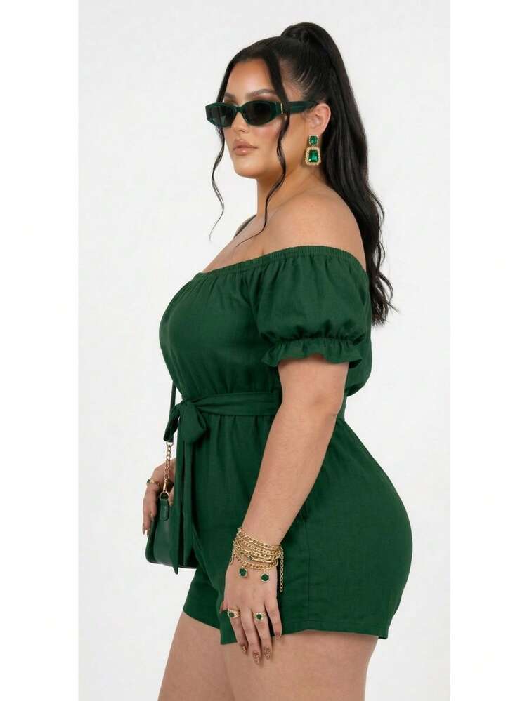 Short Romper Plus Size  Off-The-Shoulder Gringa Fashion Summer Ruched Sleeves Bow Fitted Casual Wear Shopping Holidays - 綠色 - 查看 10