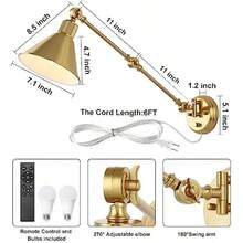 TRLIFE - Aplique de pared con control remoto latón cepillado apliques de pared regulables y ajustables de temperatura de color de 2700 K-6000 K luces de pared con brazo oscilante con cable enchufable certificación UL 2 unidades 2 bombillas - Oro - Ver 6