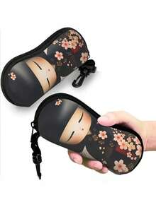 1个娃娃拉链眼镜盒，可爱日本女孩红色和服设计，氯丁橡胶防水眼镜袋，带钥匙扣，轻便便携旅行眼镜包，通用尺寸，适用于所有类型的眼镜 - 彩色 - 查看 5